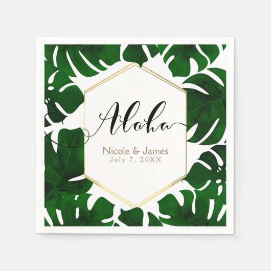 Serviette En Papier Feuilles tropicales vert foncé Mariage blanc et or (Devant)