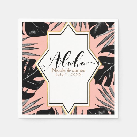 Serviette En Papier Feuilles Tropicaux Noirs & Mariage Or Peach Coral (Devant)
