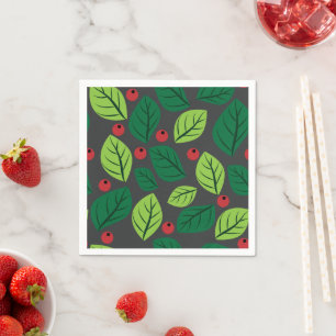 Serviette En Papier Feuilles verts, Berries Rouges, Motif Des Feuilles