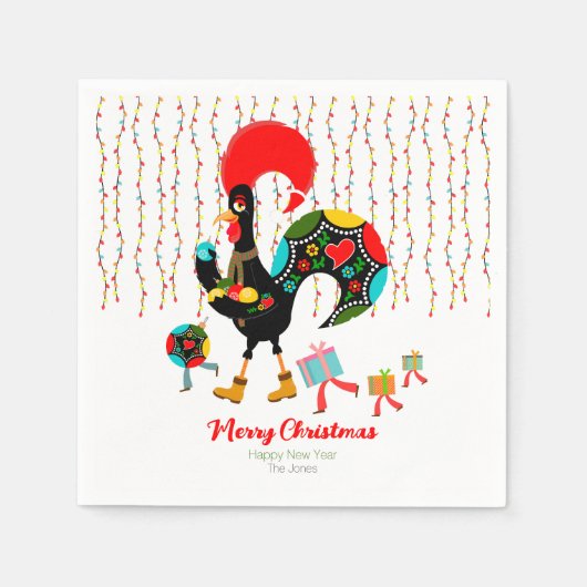 Serviette En Papier Feux de Noël, baubles, cadeaux et coq (Devant)