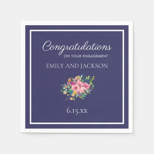 Serviette En Papier Fiançailles floral bleu marine (Devant)