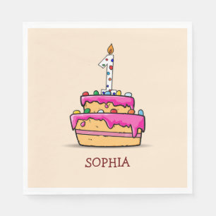 Serviette En Papier Fille 1er anniversaire, 1 sur le gâteau rose doux
