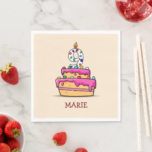 Serviette En Papier Fille 9e anniversaire, 9 sur Gâteau rose doux (En situation)