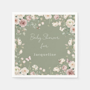Serviette En Papier Fille à naître Fleur Rose et Verte Fête Prénatale