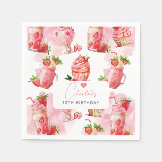 Serviette En Papier Fille Anniversaire Fraise Milkshake Personnalisé (Devant)