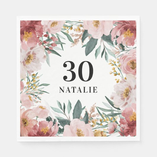 Serviette En Papier Fille aquarelle florale anniversaire rose chic (Devant)