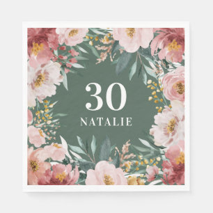 Serviette En Papier Fille aquarelle florale d'anniversaire rose chic