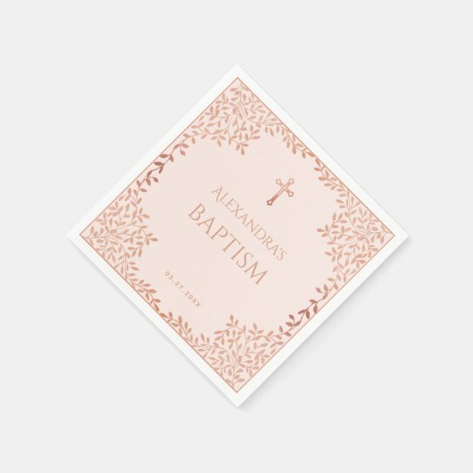 Serviette En Papier Fille Baptême Blush rose Élégant Rose Feuilles or (Coin)