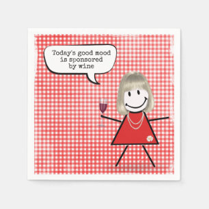 Serviette En Papier Fille Bâton Avec Verre à Vin Sur Gingham