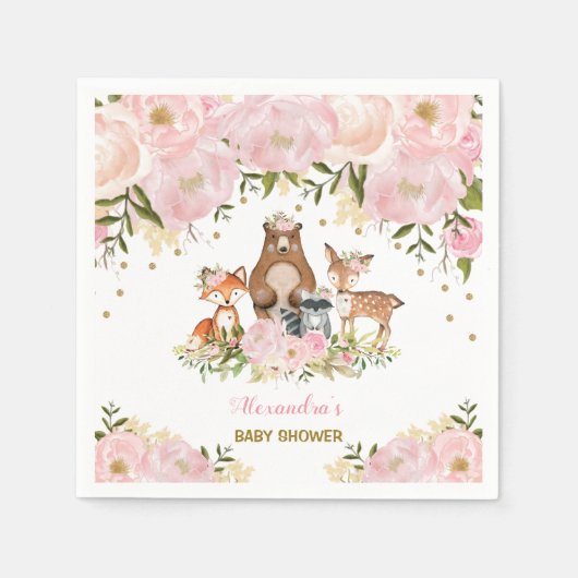 Serviette En Papier Fille Bois Animaux Pink Gold Peonies Forêt (Devant)