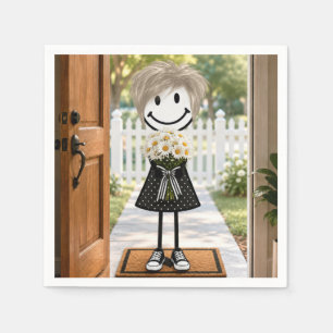Serviette En Papier Fille bonhomme allumettes avec bouquet de pâqueret