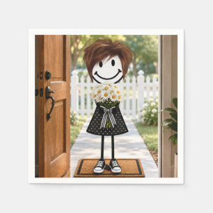 Serviette En Papier Fille bonhomme allumettes avec bouquet de pâqueret