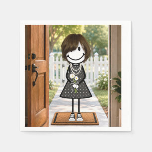 Serviette En Papier Fille bonhomme allumettes avec bouquet de pâqueret