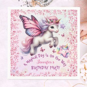 Serviette En Papier Fille d'anniversaire licorne rose violet paillette