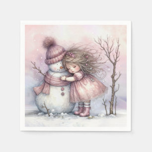 Serviette En Papier Fille de Noël étreignant un bonhomme de neige