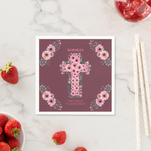 Serviette En Papier Fille de première communion chic croix de fleur ro