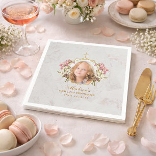 Serviette En Papier Fille de première communion photo marbre or orchid