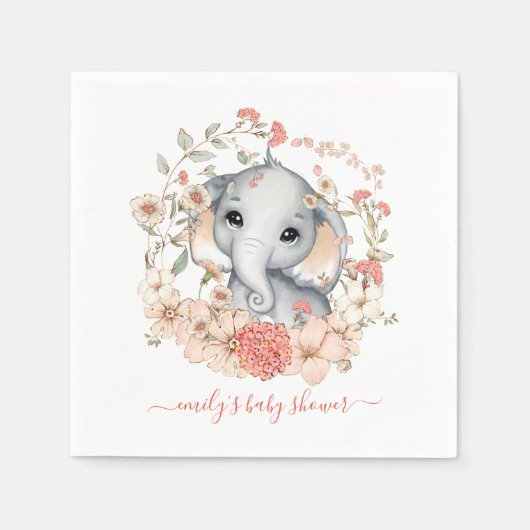 Serviette En Papier Fille Eléphante mignonne Florals Nom Baby shower (Devant)