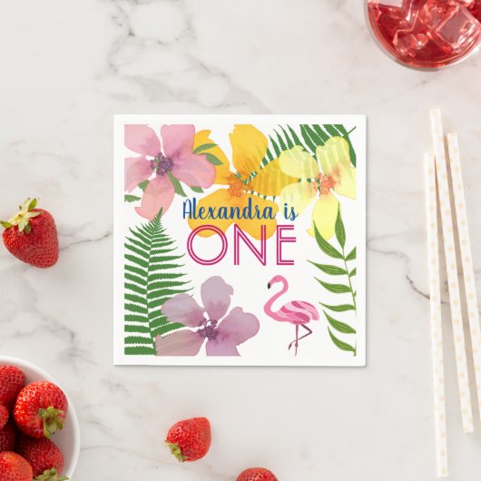 Serviette En Papier Fille Flamant rose rose 1er anniversaire (En situation)