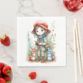 Serviette En Papier Fille mignonne avec des amis animaux à Woods (En situation)