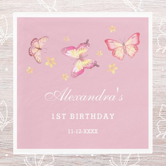 Serviette En Papier Fille papillon rose 1er anniversaire