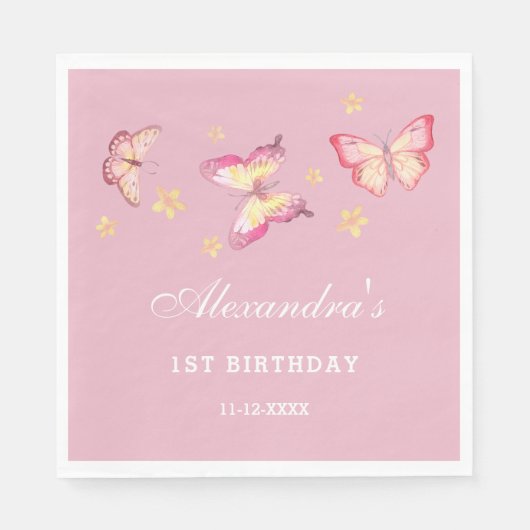 Serviette En Papier Fille papillon rose 1er anniversaire (Devant)