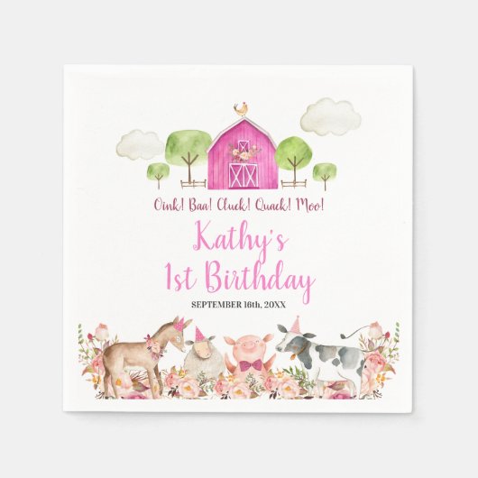 Serviette En Papier Fille Pink Farm House Animaux Barnyard 1er anniver (Devant)