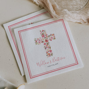 Serviette En Papier Fille Pink Floral Cross Babtism Communion