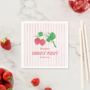 Serviette En Papier Fille Rayures Roses Fraise Première Anniversaire
