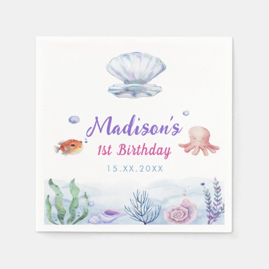 Serviette En Papier Fille Sirène 1ère fête d'anniversaire (Devant)