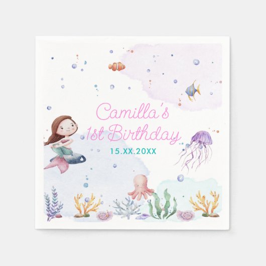 Serviette En Papier Fille Sirène 1ère fête d'anniversaire (Devant)