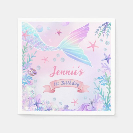 Serviette En Papier Fille Sirène 1ère fête d'anniversaire (Devant)