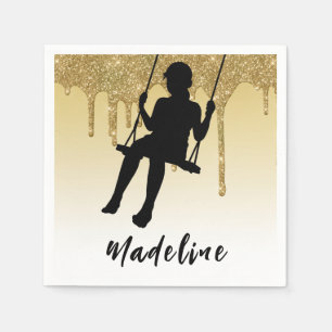 Serviette En Papier Fille sur balançoire Gold Glitter Drip Ombre 