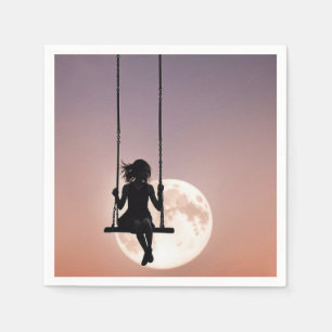 Serviette En Papier Fille sur une balançoire silhouette sur une lune