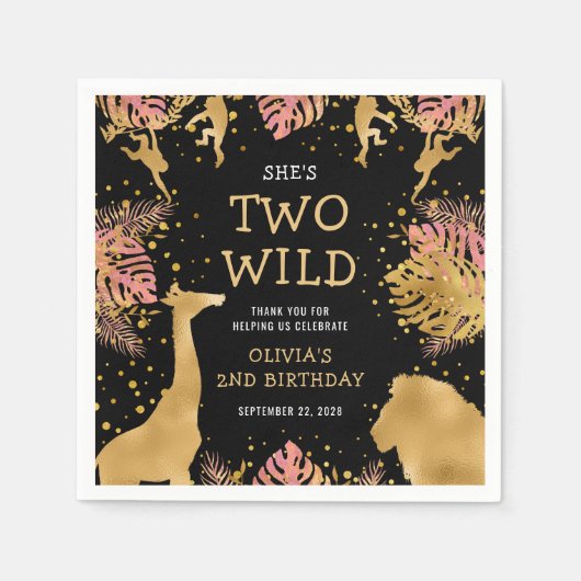 Serviette En Papier Filles 2e anniversaire fête rose or noir Safari (Devant)