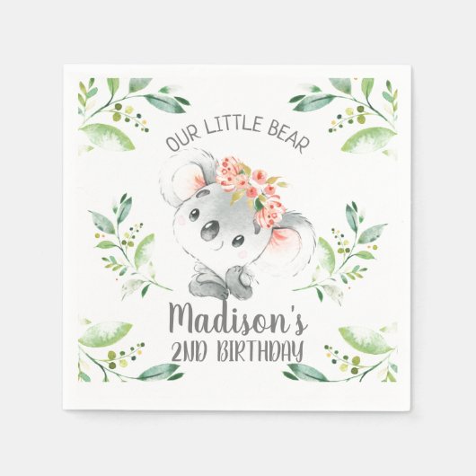 Serviette En Papier Filles Aquarelle Koala Ours Anniversaire Papier (Devant)