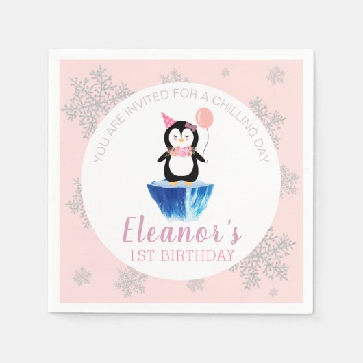 Serviette En Papier Filles hiver mignonne Penguin rose Anniversaire (Devant)