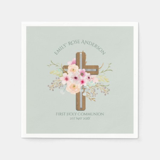 Serviette En Papier Filles Première Sainte Communion Croix Florale Cus (Devant)