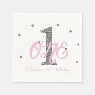 Serviette En Papier Filles Rose et Argent ONE 1er anniversaire