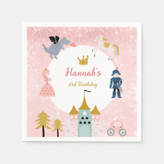 Serviette En Papier Filles Rose Magique Princesse Château Anniversaire (Devant)