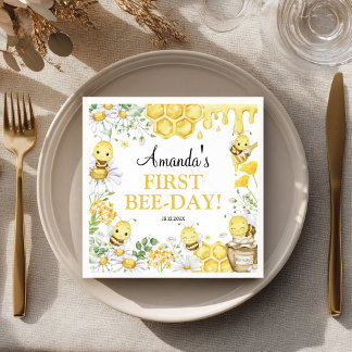 Serviette En Papier First Bee Day Floral Bumblebee Birthday Party