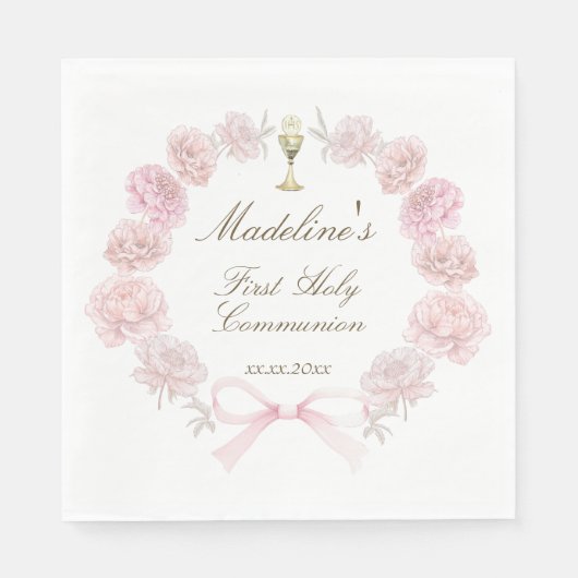 Serviette En Papier first communion delicate peonies frame (Devant)