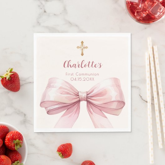 Serviette En Papier First Communion pink bow cream cross luncheon (En situation)