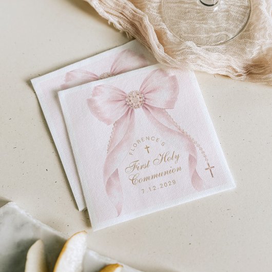 Serviette En Papier First Holy Communion Gold Cross Pink Bow