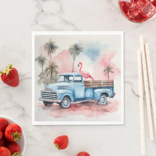Serviette En Papier Flamant rose Aquarelle En Camion Bleu Rétro (En situation)