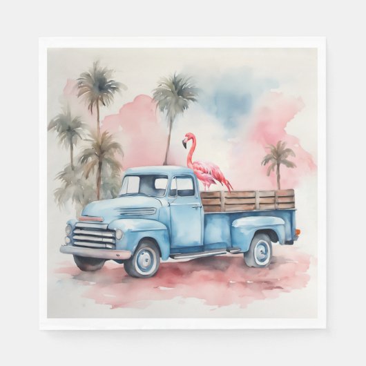 Serviette En Papier Flamant rose Aquarelle En Camion Bleu Rétro (Devant)