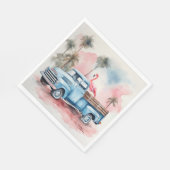 Serviette En Papier Flamant rose Aquarelle En Camion Bleu Rétro (Coin)