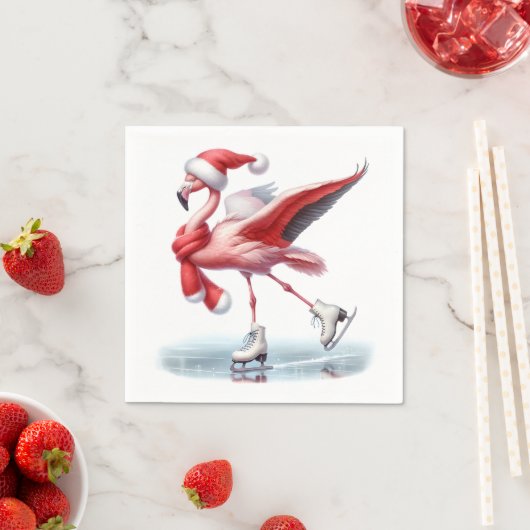 Serviette En Papier Flamant rose de Noël Patinage sur glace (En situation)