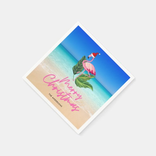Serviette En Papier Flamant rose de plage Floride Joyeux Noël (Coin)