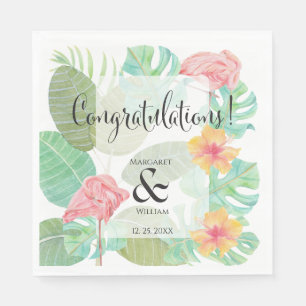 Serviette En Papier Flamant Rose Élégant, Feuilles et fleur tropicales